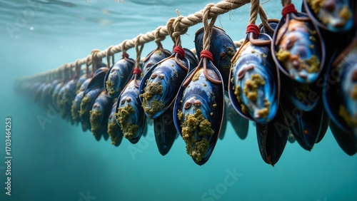 Regenerative ocean farming focused on sustainable aquaculture, featuring mussel cultivation, marine biologists, and data-driven sensor technology.