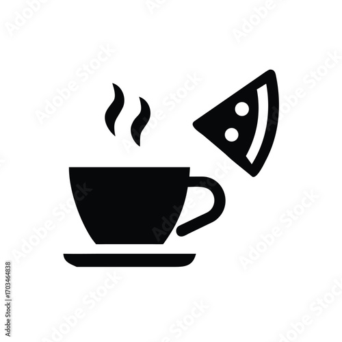 Cappuccino mug with steam and slice of cake