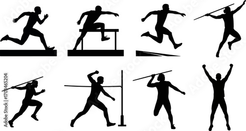 Collection of athletic silhouettes, including running, hurdles, high jump, javelin throw, shot put, and pole vault, representing various sports activities and fitness training for athletes