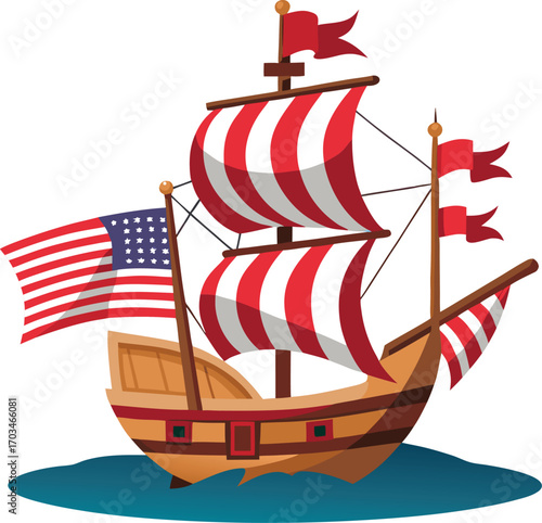 Cartoon Sailing Ship with American Flag and Red Striped Sails boat water