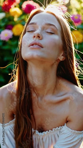A beautiful young woman with long hair smiles brightly, enjoying the warm sunlight in a vibrant flower garden