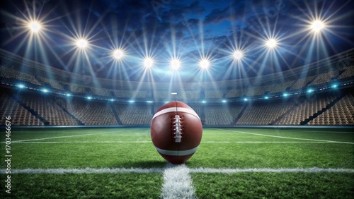 A solitary football rests at midfield in a brilliantly lit stadium, ready for the upcoming game.