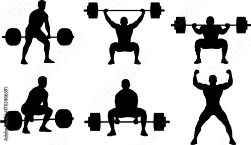 Weightlifting and Strength Training Silhouettes Diverse Poses Showcasing Powerlifts, Squats, and Deadlifts in a Dynamic Fitness Collection