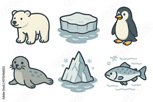 Cute arctic and antarctic animals with polar bear penguin seal iceberg and fish