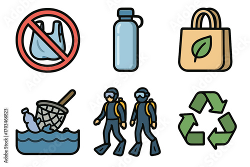 Eco-friendly icons: recycling, reusable bags, water bottles, marine conservation