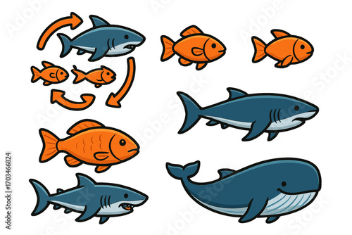 Cartoon fish evolution stages: goldfish to shark and whale transformations