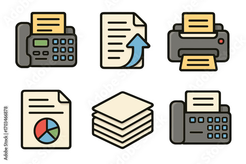 Office equipment icons: fax, printers, and documents collection