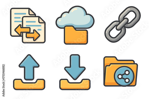 Cloud folder, file sharing, and data transfer vector icons