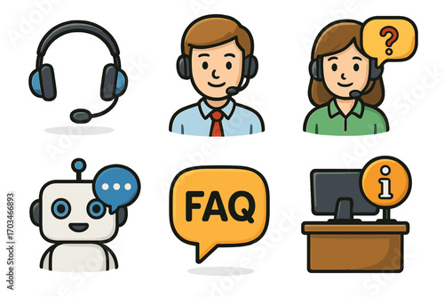 Customer support icons featuring male and female operators with faq, robot, and information desk