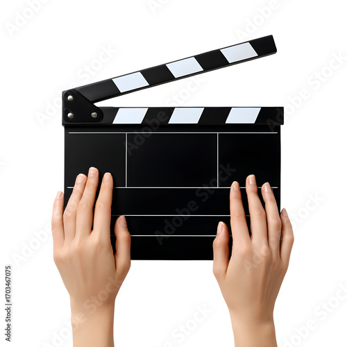 A detailed close-up of a person's hands holding a black movie clapperboard, isolated on a white background, symbolizing the start of a film scene