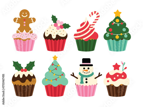 Christmas Cupcake Vector Pack – Sweet Festive Muffins, Winter Dessert Designs with Santa Hat, Snowman, Tree, Gingerbread Man, Holiday Icing, Food Illustration for Posters, Branding, and Seasonal Proje