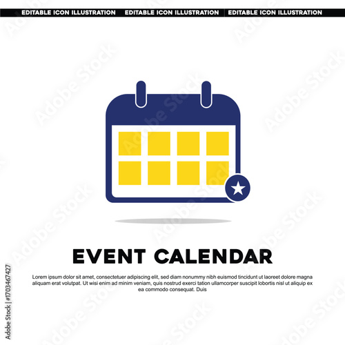 Event Calendar Icon. Calendar with Star Symbol for Special Event. Flat Editable Vector.