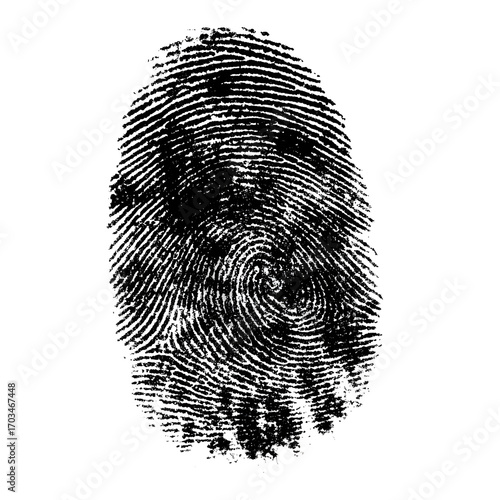 Monochrome thumbprint icon representing personal identity, biometrics, and forensic science, isolated on a clean white background