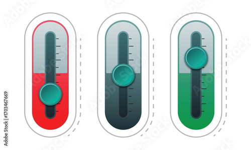UI slider vector design, vertical progress indicators for volume, brightness, filters, and temperature gauge controls