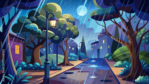 very beautiful a rainy night with a street light and trees