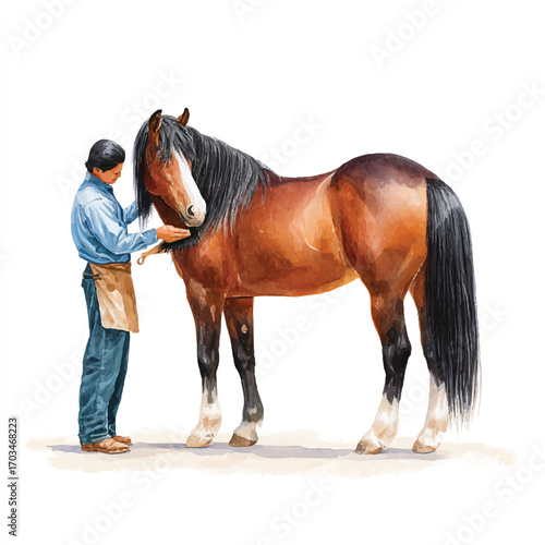 Person grooming a majestic brown horse showing care and affection.