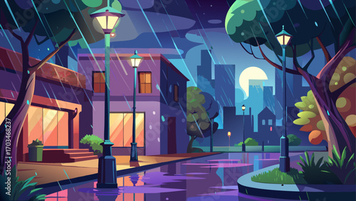 very beautiful a rainy night with a street light and trees