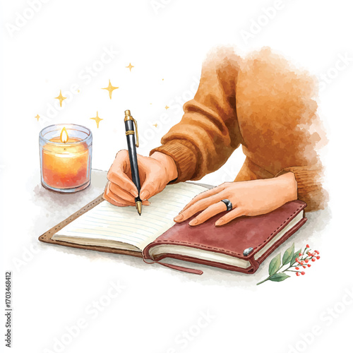 Person writing in a journal with a lit candle nearby.