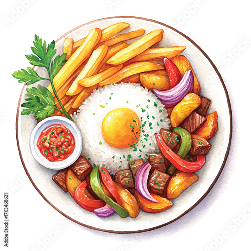 Peruvian Lomo Saltado with Fried Egg Rice and French Fries.