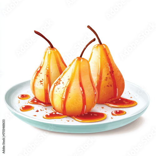 Poached Pears with Caramel Sauce on a Plate.