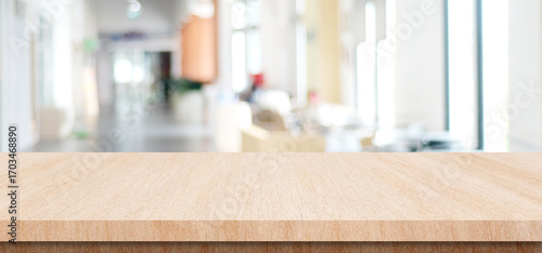 Empty wood table over blur office background, Stone desk for product display mock up template banner, white background