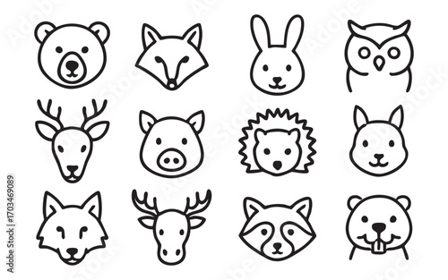 A set of icons depicting the heads of ten animals, rendered in black and white with contour lines: bear (twice), fox (twice), hare, owl, deer (twice), pig, hedgehog, raccoon, and beaver.