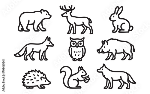 A set of icons featuring eight wild animals rendered in black and white with outline lines: a bear, a deer, a hare, a fox, an owl, a wild boar, a hedgehog, a squirrel, and a wolf.