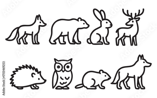 A set of seven wild animal icons in black and white with outline lines: fox, bear, hare, deer, hedgehog, owl, and wolf.