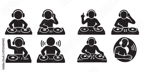 8 black and white silhouette icons related to DJing or audio/music production, designed in a minimalist style