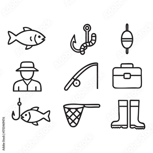 A set of icons related to fishing, made in black and white with outline lines.