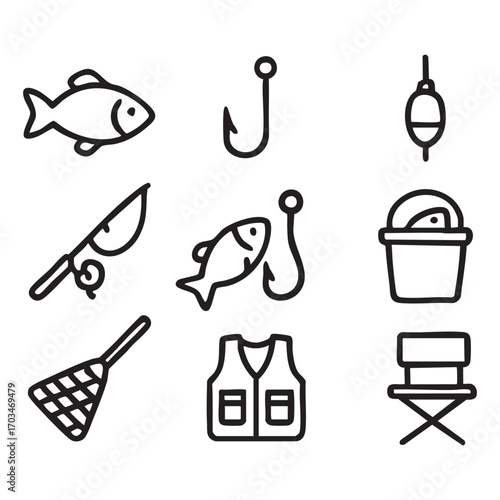 A set of icons related to fishing, made in black and white with outline lines.