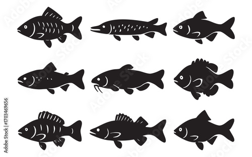 black silhouettes of river fish in vector graphics style
