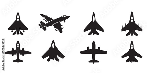 8 black and white silhouettes (outlines) of aircraft in vector graphics style.