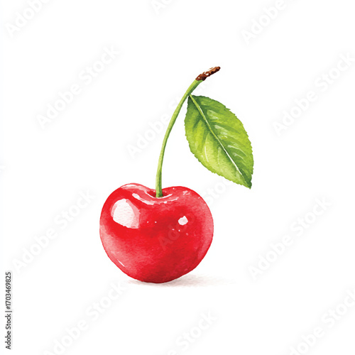 single ripe red cherry with green leaf.