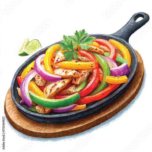 Sizzling chicken fajitas with colorful peppers and onions in a cast iron skillet.