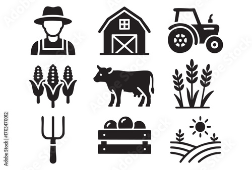 A set of 9 monochrome linear icons (in minimal line art style) illustrating elements of agriculture and farming.