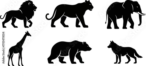 Collection of iconic animal silhouettes in black, showcasing a majestic lion, powerful elephant, graceful giraffe, formidable bear, sleek panther, and a wild wolf.