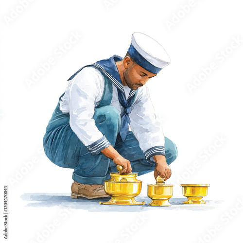 Sailor in vintage uniform diligently polishing brass objects.