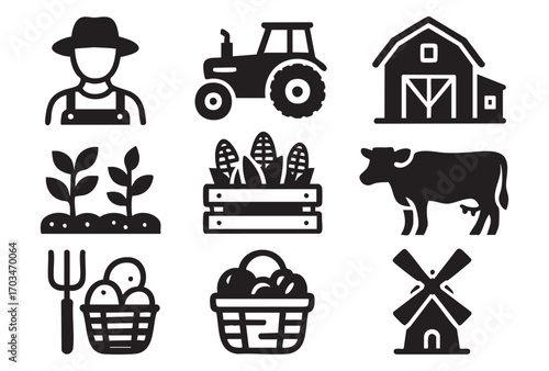 A set of 9 monochrome linear icons (in minimal line art style) illustrating elements of agriculture and farming.