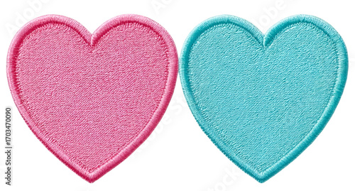 Two soft, plush heart shapes, one pink and one blue, featuring vivid colors and a textured surface, perfect for romantic or playful designs.