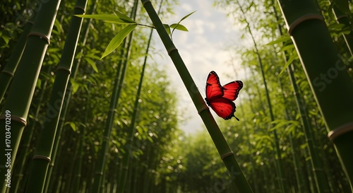 A scarlet butterfly landed on the bamboo grove beneath the lavender clouds