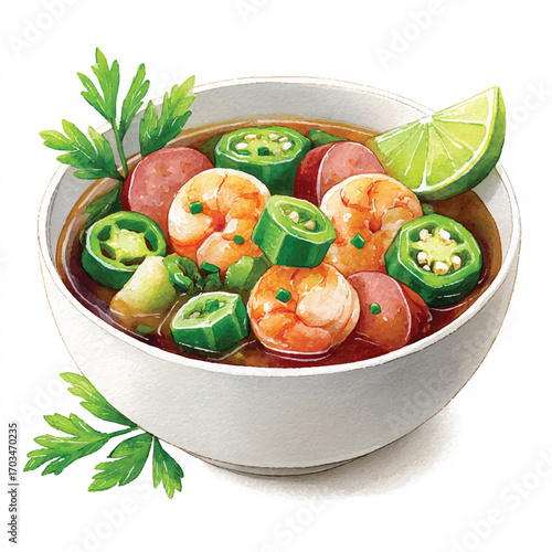 Savory seafood gumbo with shrimp sausage okra and lime wedge.
