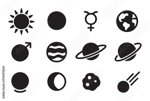 A set of 12 monochrome line icons (in minimal line art style) illustrating elements of space, astronomy, and celestial bodies.