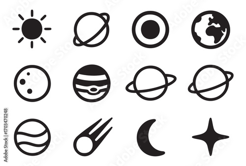 A set of 12 monochrome line icons (in minimal line art style) illustrating elements of space, astronomy, and celestial bodies.