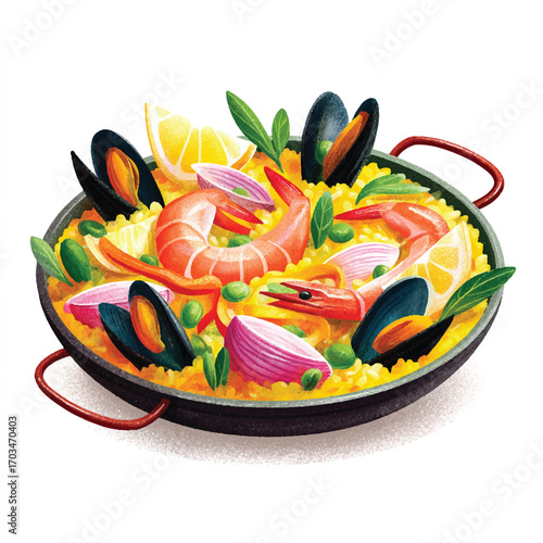 Seafood Paella A Vibrant Spanish Dish with Shrimp and Mussels.