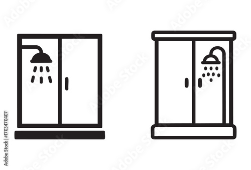 Two icons depicting shower stalls. Both icons show a closed stall with a door and a shower head from which water is pouring.