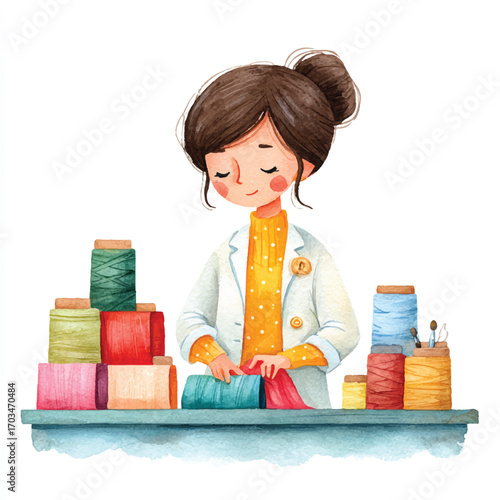 Seamstress focused on sewing with colorful threads and fabrics.