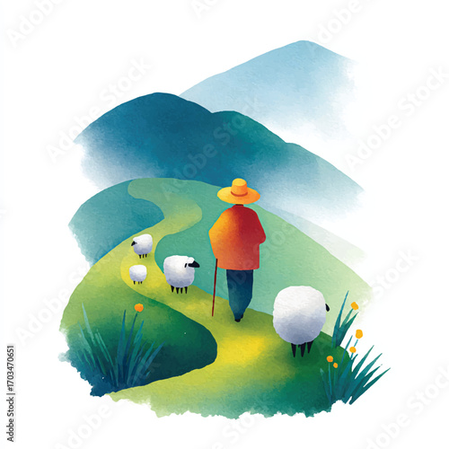 Shepherd walking with sheep on a grassy path.