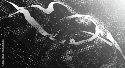 Abstract grayscale digital artwork with dynamic lines and stippled background