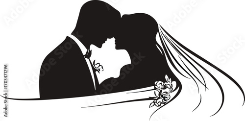 Elegant silhouette of bride and groom sharing a tender kiss on wedding day